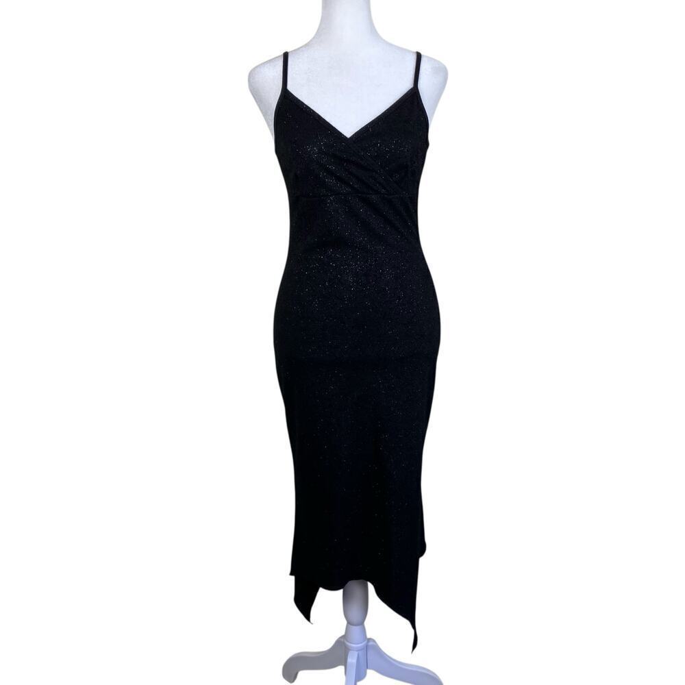 Pola Vtg Y2K Fitted Party Prom Dress Spaghetti Strap Handkerchief Hem Black - Picture 1 of 16